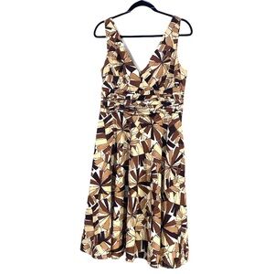 London Times Brown & Cream Abstract Midi V-Neck Sleeveless Dress Size 12